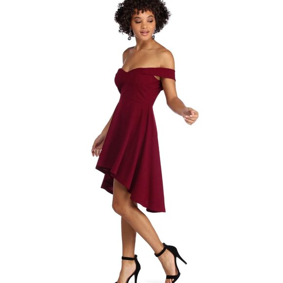 Size M Windsor Burgundy Off-Shoulder High-Low Party Cocktail Dress - Picture 3 of 9